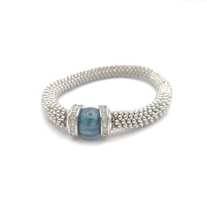 Silver Tone Mesh Bracelet Blue Bead Rhinestone Spacer Stretch Statement